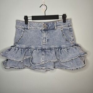 Social Collision Mini Skirt Denim Studded Stars Ruffle Pleated Womens M